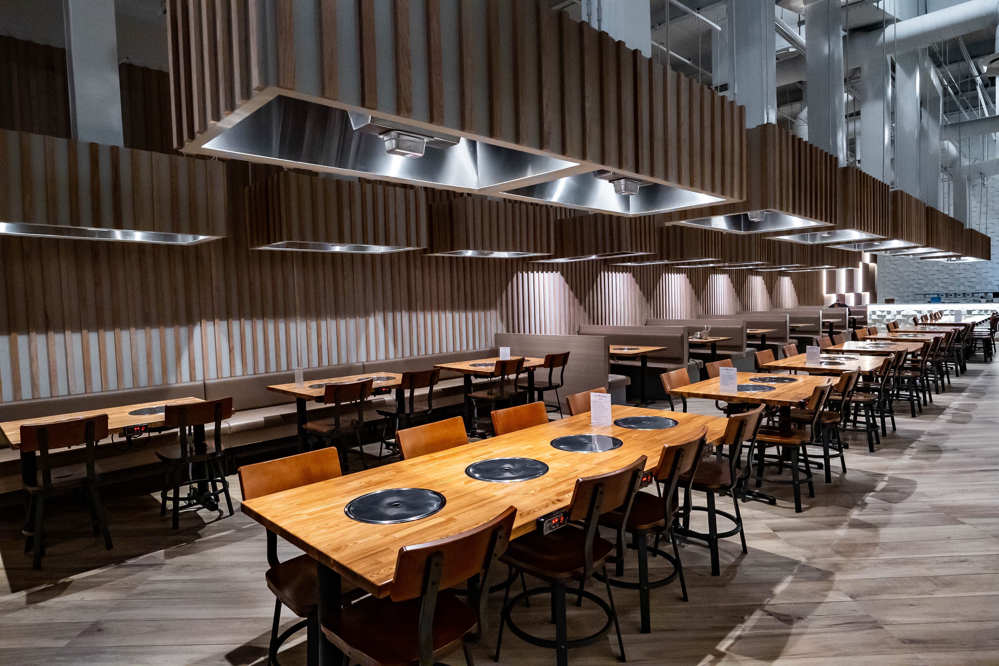 Wood slat interior with modern vent hoods