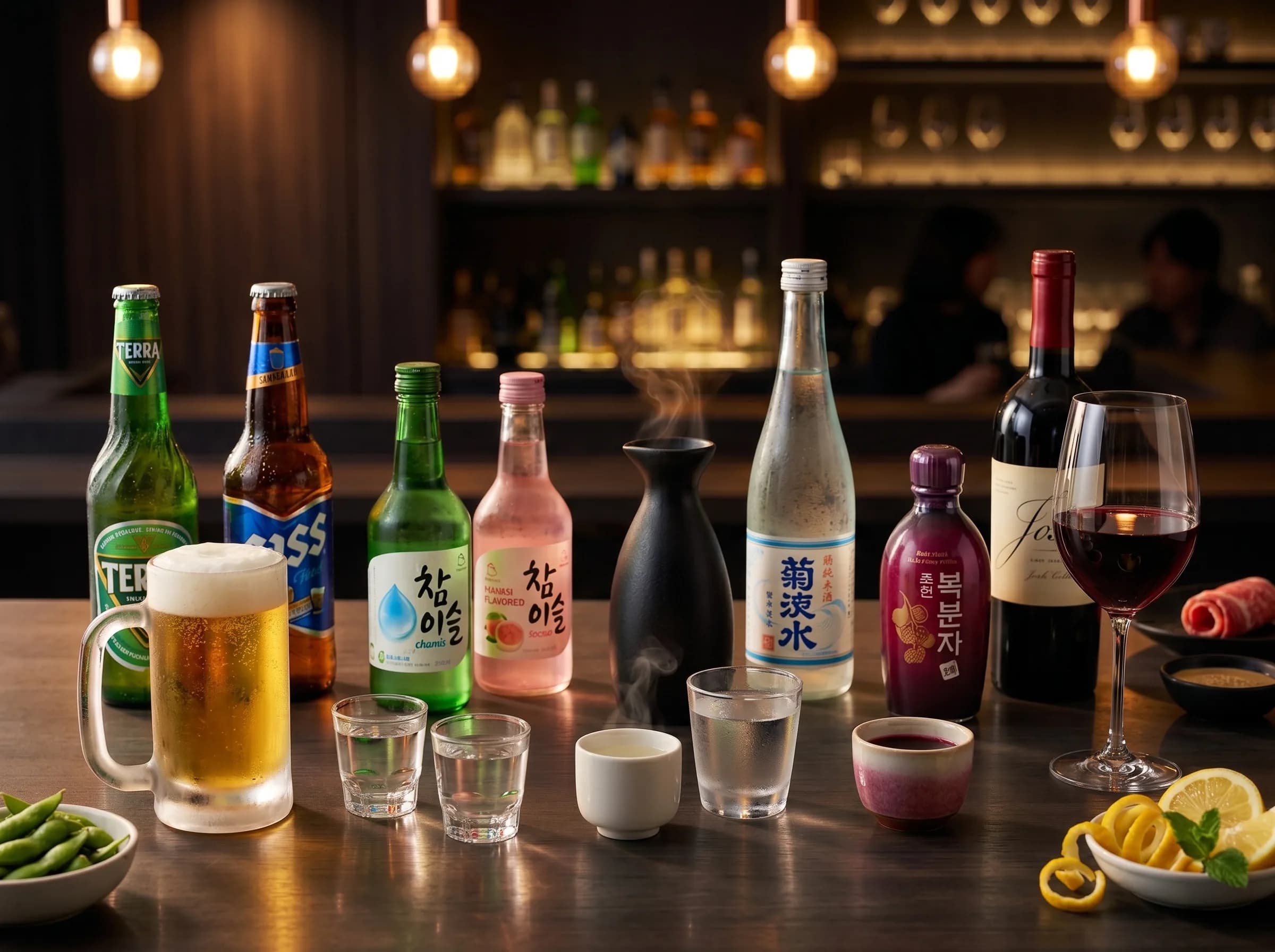 Premium drinks selection — soju, sake, beer, and non-alcoholic beverages