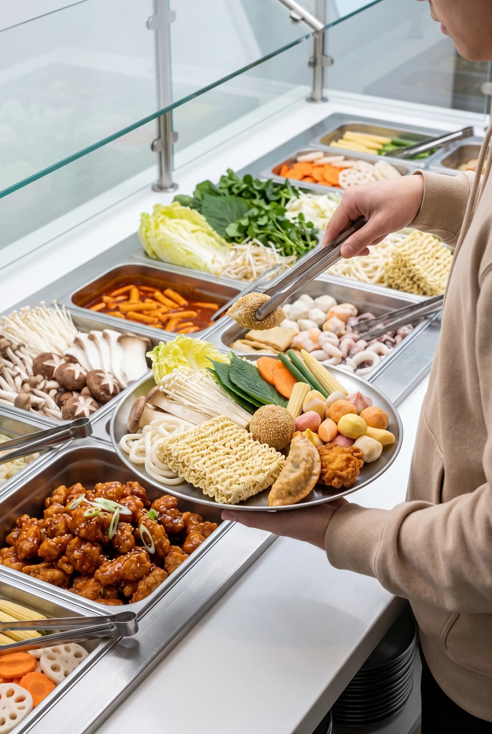 Guest loading a plate with noodles, fish balls, and sides from the hot bar